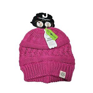 David & Young Messy Bun Ponytail Beanie Pink Knit‎ Repreve Recycled Material